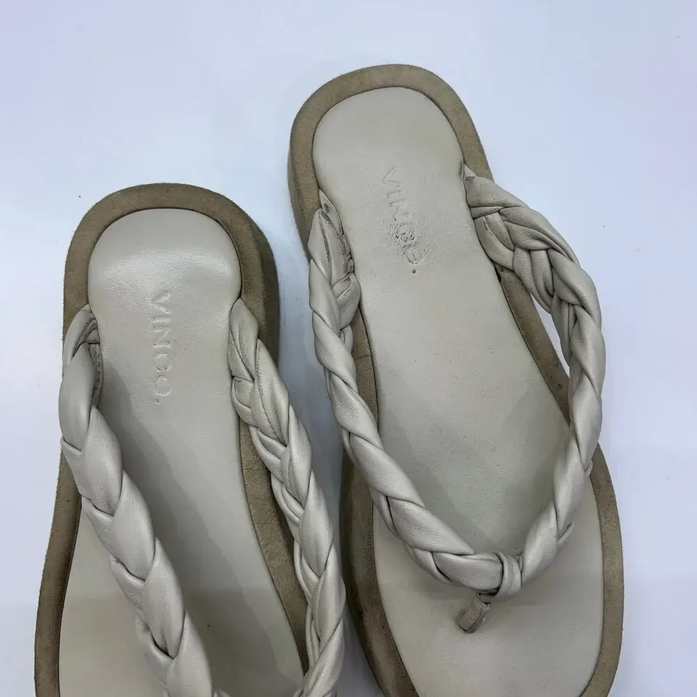 $270 Vince Nita Braided Thong Sandal 36.5 / 6.5 Flip Flop White Platform Leather
